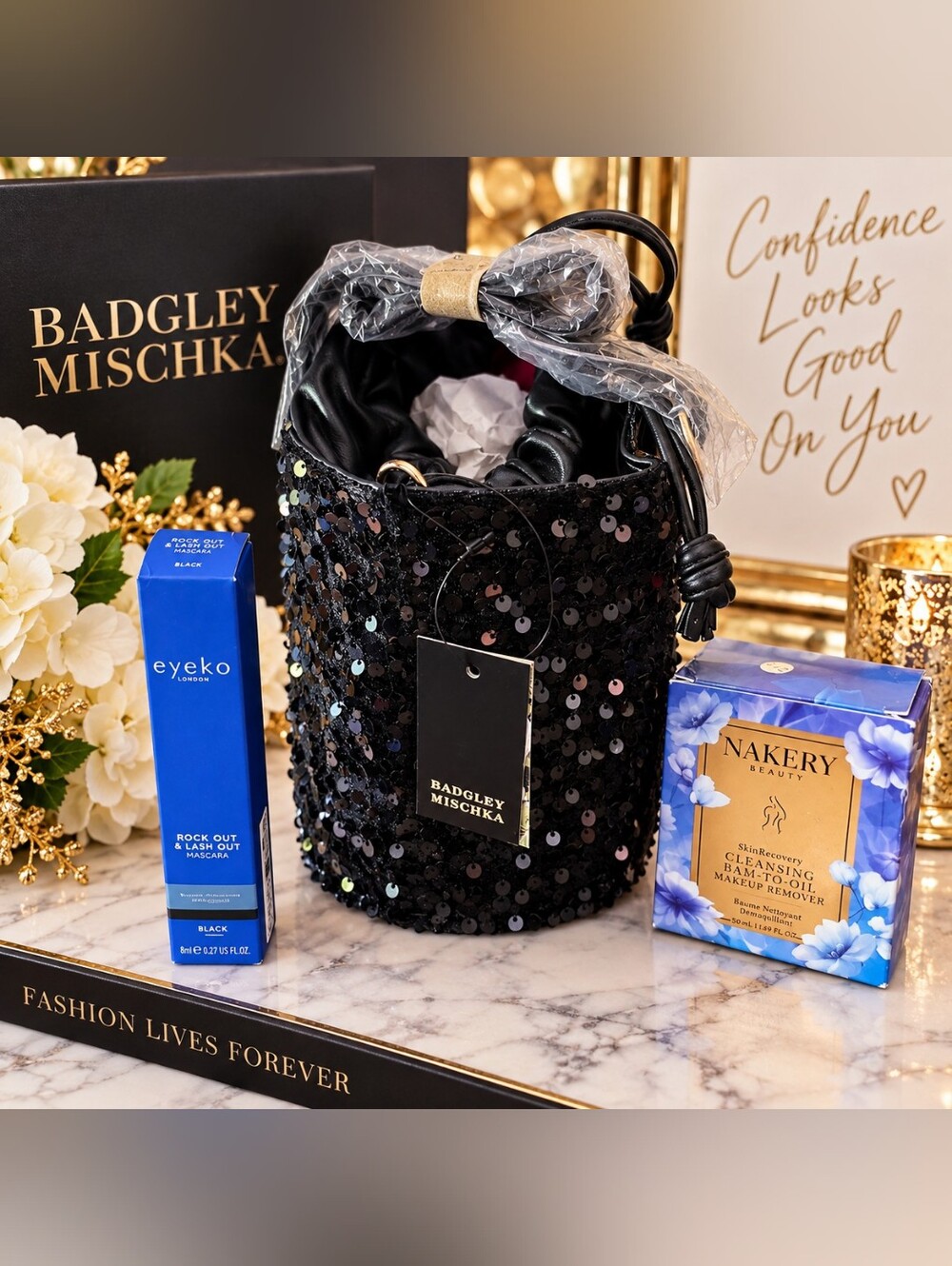 ✨ Badgley Mischka Black Sequin Bucket Purse + Beauty Bundle ✨